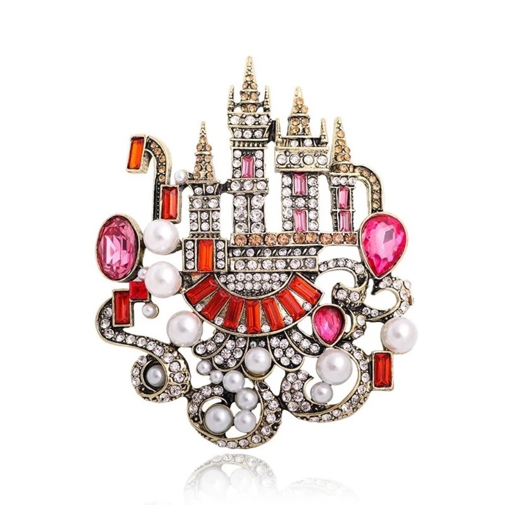 *MADRIGAL* Gold x Red Rhinestone Vintage Castle Fashion Brooch